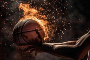 basketbal speler handen Holding bal in explosie van energie en brand illustratie generatief ai foto