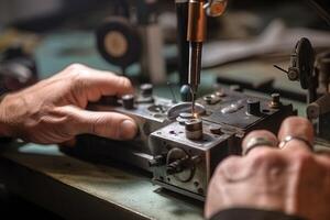 detail van hand- aanpassen de stroom sterkte Aan een wijnoogst lassen machine illustratie generatief ai foto