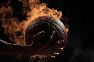 basketbal speler handen Holding bal in explosie van energie en brand illustratie generatief ai foto