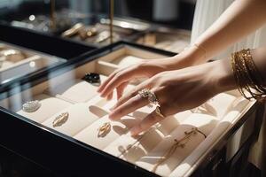 detail van handen van vrouw buying luxe sieraden op te slaan illustratie generatief ai foto