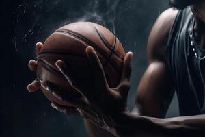 detail van basketbal speler handen Holding bal in energie illustratie generatief ai foto