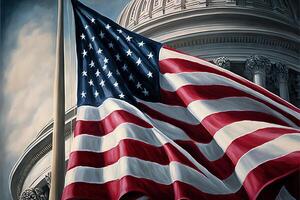 detail van Verenigde Staten van Amerika vlag golvend Aan Washington dc Capitol illustratie generatief ai foto