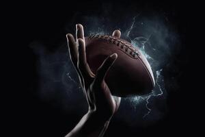 energie detail van Amerikaans Amerikaans voetbal Aan speler handen sportman in actie. vangen de bal illustratie generatief ai foto