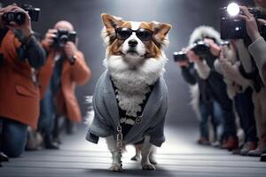 hond Aan de catwalk poseren een mode model- vervelend exclusief jurk illustratie generatief ai foto
