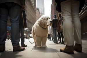 hond wandelen met menselijk in de stad illustratie generatief ai foto