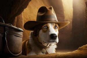 hond archeoloog met hoed illustratie generatief ai foto