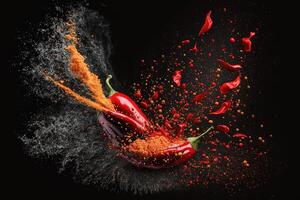 rood Chili peper exploderend met poeder over- zwart achtergrond illustratie generatief ai foto