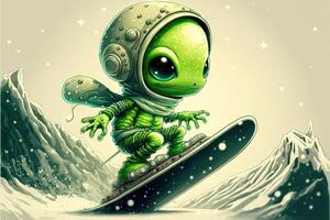 schattig groen buitenaards wezen snowboarden illustratie generatief ai foto