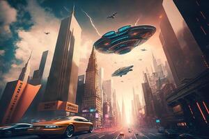 futuristische nieuw york stad stadsgezicht met vliegend auto's en holografische advertenties illustratie generatief ai foto