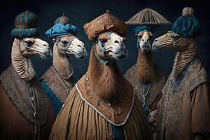 kamelen dieren gekleed in Victoriaans tijdperk kleding illustratie generatief ai foto