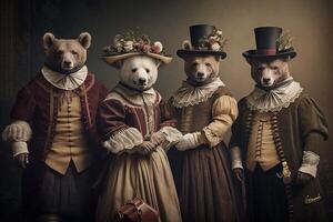 bears dieren gekleed in Victoriaans tijdperk kleding illustratie generatief ai foto