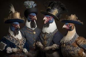 kippen en hanen dieren gekleed in Victoriaans tijdperk kleding illustratie generatief ai foto