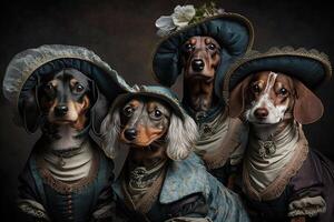 teckel honden dieren gekleed in Victoriaans tijdperk kleding illustratie generatief ai foto