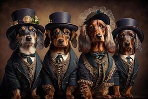 teckel honden dieren gekleed in Victoriaans tijdperk kleding illustratie generatief ai foto