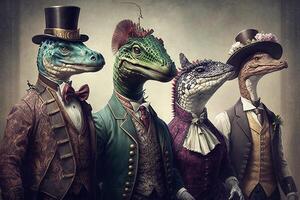 dinosaurussen dieren gekleed in Victoriaans tijdperk kleding illustratie generatief ai foto