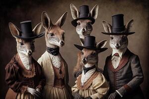 kangoeroe dieren gekleed in Victoriaans tijdperk kleding illustratie generatief ai foto
