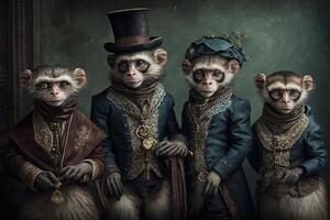 aap dieren gekleed in Victoriaans tijdperk kleding illustratie generatief ai foto