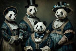 panda dieren gekleed in Victoriaans tijdperk kleding illustratie generatief ai foto