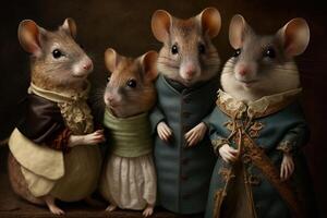 groep van muis dieren gekleed in Victoriaans tijdperk kleding illustratie generatief ai foto