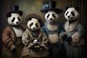 panda dieren gekleed in Victoriaans tijdperk kleding illustratie generatief ai foto