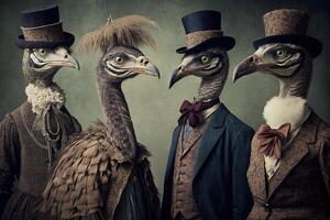 struisvogel dieren gekleed in Victoriaans tijdperk kleding illustratie generatief ai foto