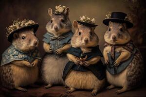 quokka dieren gekleed in Victoriaans tijdperk kleding illustratie generatief ai foto