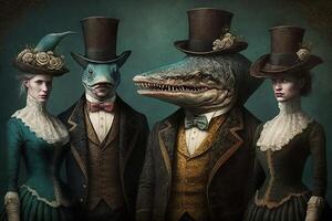 haai dieren gekleed in Victoriaans tijdperk kleding illustratie generatief ai foto