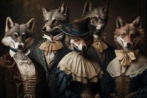 wolf wolven dieren gekleed in Victoriaans tijdperk kleding illustratie generatief ai foto