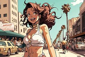 mooi anime manga meisje in los angeles downtown illustratie generatief ai foto