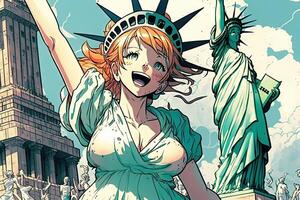 mooi anime manga meisje in nieuw york stad standbeeld van vrijheid illustratie generatief ai foto
