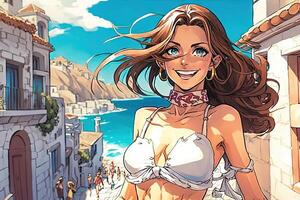 mooi anime manga meisje in Santorini eiland Griekenland illustratie generatief ai foto