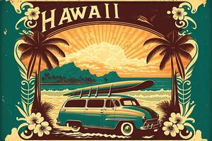 Hawaii retro stijl kunst poster vakantie surfing en surfen illustratie generatief ai foto