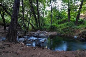 zuivere waterstroom stroomt over rotsachtig bergterrein in het kakopetria-bos in troodos, cyprus foto