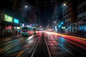 lichten spoor in een futuristische downtown wijk van hong Kong illustratie generatief ai foto