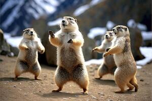 veel marmotten dansen voor groundhog dag. marmot viering 2 februari illustratie generatief ai foto