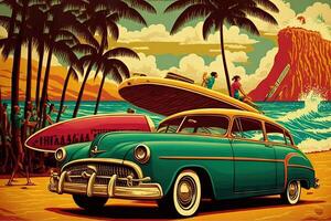 Hawaii retro stijl kunst poster vakantie surfing en surfen illustratie generatief ai foto