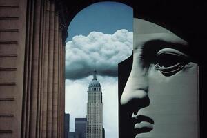 rene Magritte stijl denkbeeldig vertegenwoordiging nieuw york stad als geschilderd door artiest illustratie generatief ai foto