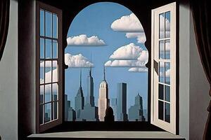 rene Magritte stijl denkbeeldig vertegenwoordiging nieuw york stad als geschilderd door artiest illustratie generatief ai foto