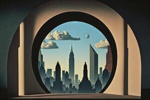rene Magritte stijl denkbeeldig vertegenwoordiging nieuw york stad als geschilderd door artiest illustratie generatief ai foto
