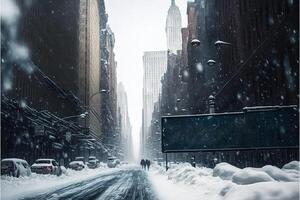 Kerstmis sneeuwstorm in nieuw york. sneeuwval in de stad van nieuw york. stad horizon in winter. illustratie generatief ai foto