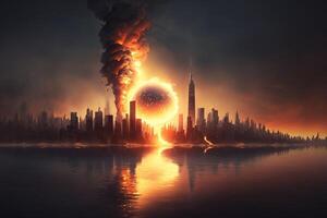 nieuw york is brandend Aan brand Bij nacht Apocalypse tafereel illustratie generatief ai foto