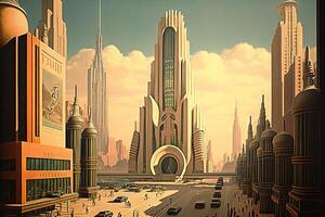 nieuw york stad van de toekomst jaar 2100 met vliegend auto's en nieuw wolkenkrabbers illustratie generatief ai foto