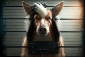 mugshot van gezocht hond Holding een banier generatief ai foto