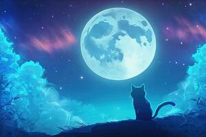 anime kat op zoek Bij de maan Aan sterrenhemel nacht illustratie generatief ai foto