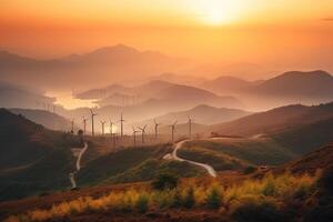 wind generatoren turbines Bij zonsondergang ai gegenereerd foto