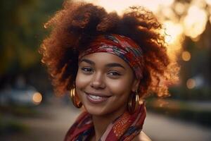 vrolijk vrouw met dreadlocks glimlachen met haar ogen Gesloten. ai gegenereerd. foto