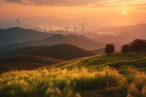 wind generatoren turbines Bij zonsondergang ai gegenereerd foto