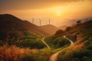 wind generatoren turbines Bij zonsondergang ai gegenereerd foto