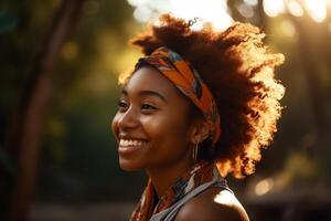 vrolijk vrouw met dreadlocks glimlachen met haar ogen Gesloten. ai gegenereerd. foto