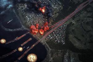 Rusland enorm aanval in Oekraïne, antenne visie illustratie generatief ai foto